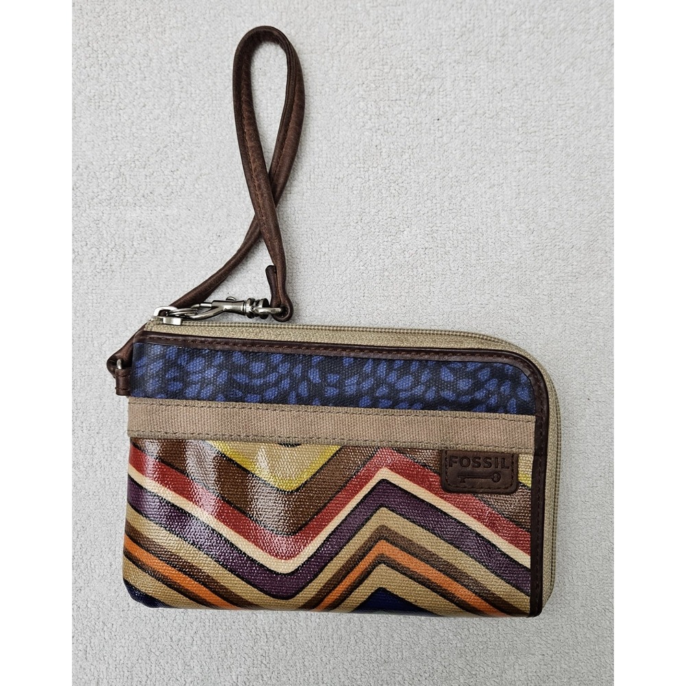 Fossil Womens Small Vinyl Zip Coin Card Holder Purse Stripes Used Good Condition